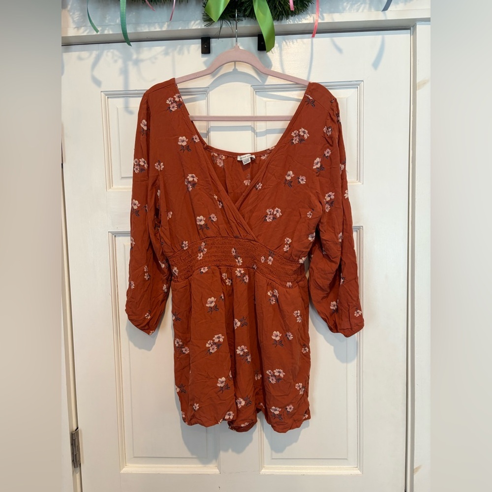 American Eagle Burnt Orange Long Sleeve Romper with Floral Print